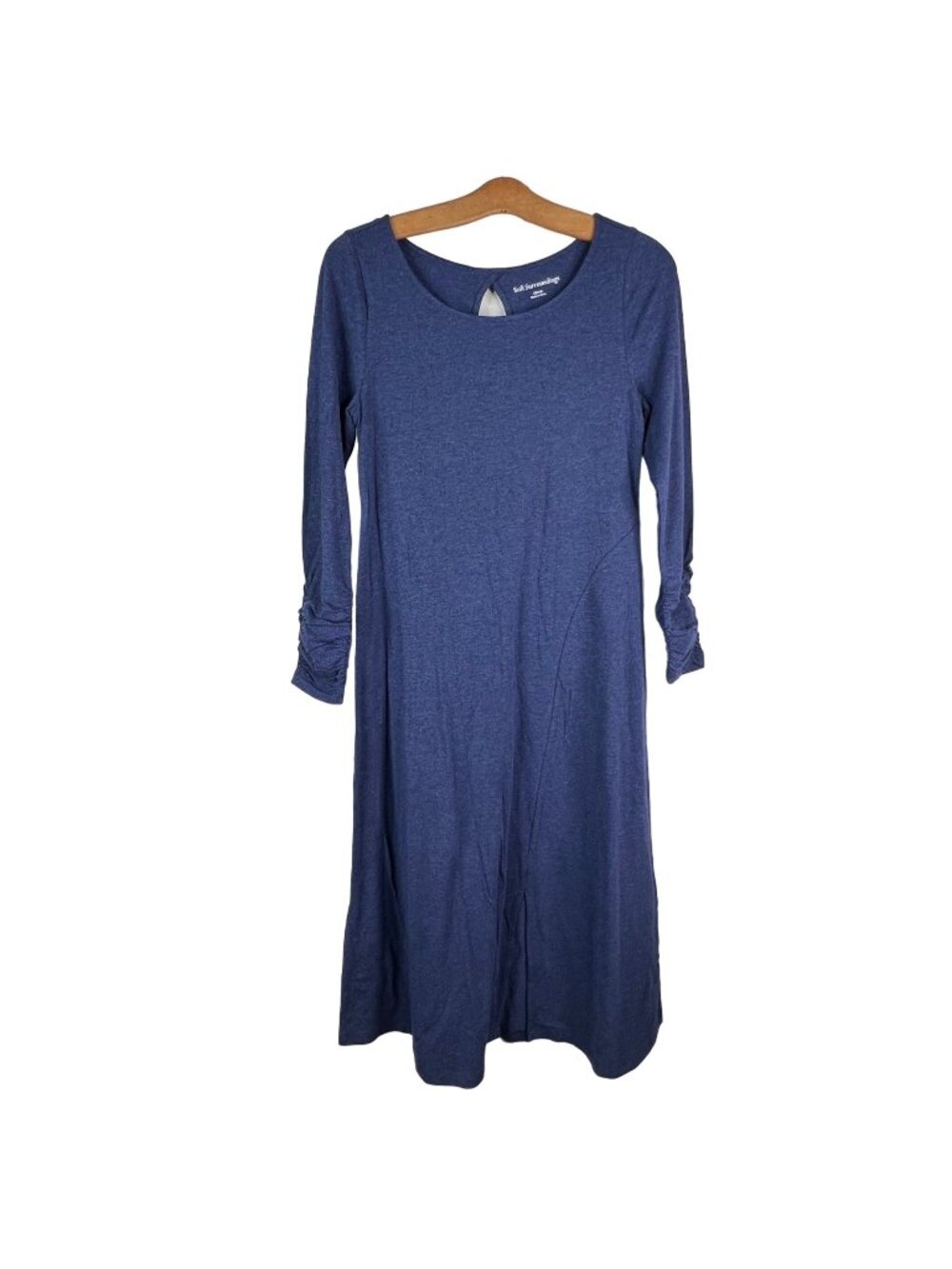 Soft Surroundings Dress Size XS Ruched Sleeve Cotton Blend Pullover Blue Minimal